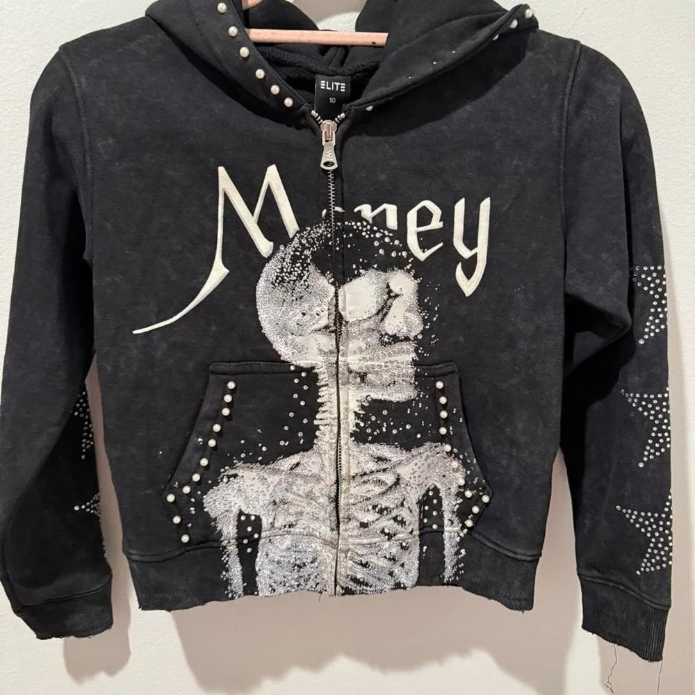 Elite Jeans Black Pearl Skull Rhinestone Sweatsuit Set
